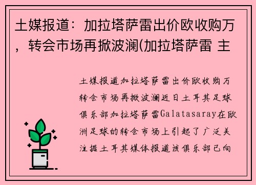 土媒报道：加拉塔萨雷出价欧收购万，转会市场再掀波澜(加拉塔萨雷 主场)