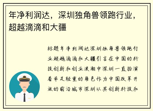 年净利润达，深圳独角兽领跑行业，超越滴滴和大疆