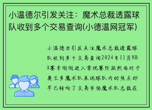 小温德尔引发关注：魔术总裁透露球队收到多个交易查询(小德温网冠军)