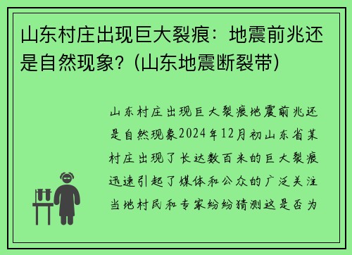 山东村庄出现巨大裂痕：地震前兆还是自然现象？(山东地震断裂带)