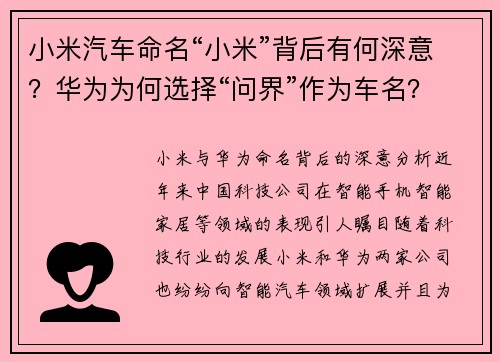 小米汽车命名“小米”背后有何深意？华为为何选择“问界”作为车名？