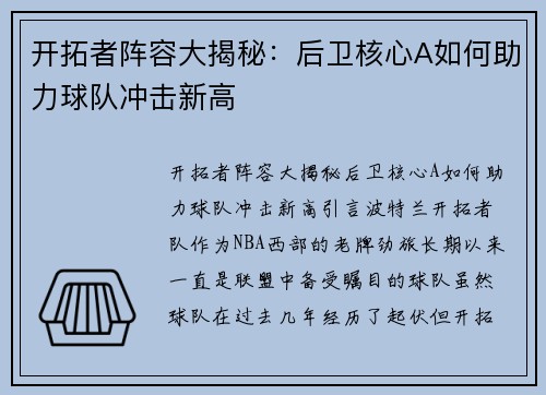 开拓者阵容大揭秘：后卫核心A如何助力球队冲击新高