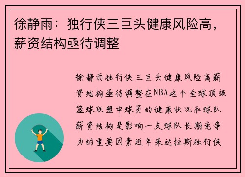 徐静雨：独行侠三巨头健康风险高，薪资结构亟待调整