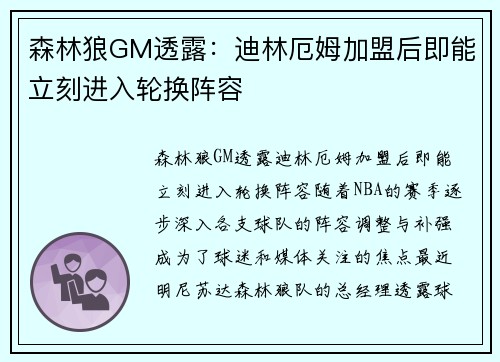 森林狼GM透露：迪林厄姆加盟后即能立刻进入轮换阵容