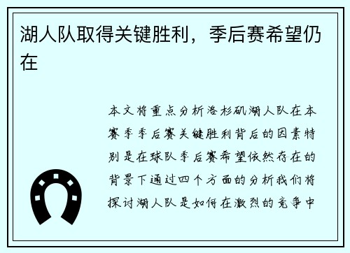 湖人队取得关键胜利，季后赛希望仍在