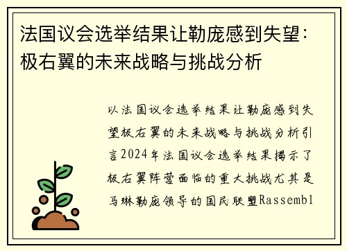 法国议会选举结果让勒庞感到失望：极右翼的未来战略与挑战分析